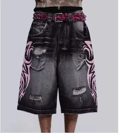 High Street สีชมพูพิมพ์ Ripped หลากหลาย Casual กางเกงยีนส์ขนาดใหญ่กางเกงขาสั้น Boy punk Rock แฟชั่น Y2K ยอดนิยมบาสเกตบอลกางเกงขาสั้น