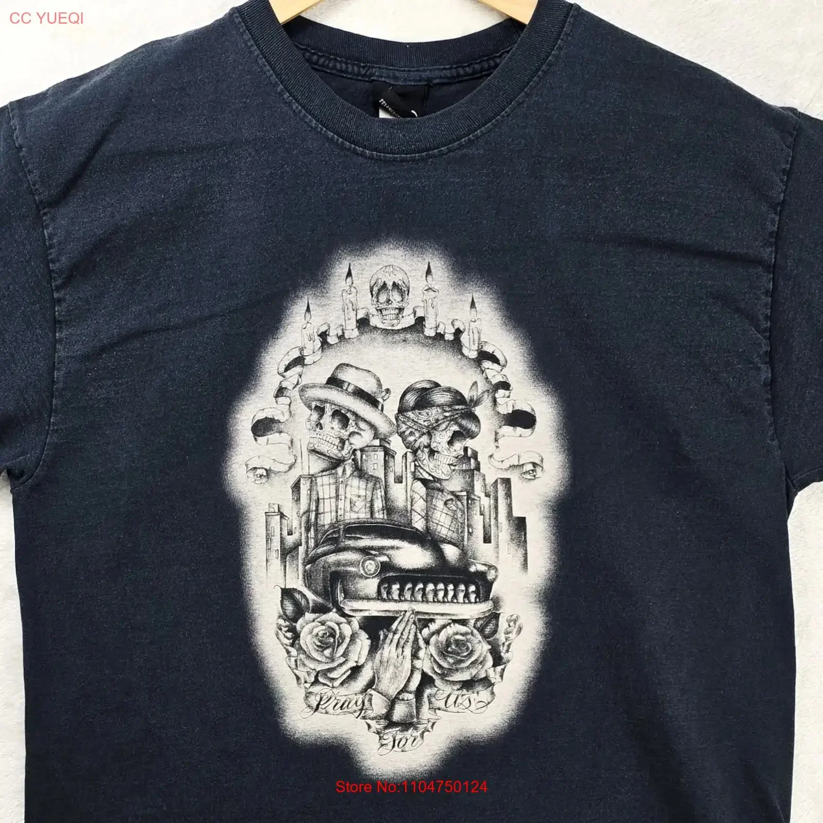 Vintage Felon T Shirt Mens Medium Black Skull Tattoo Chicana Cholo Pray For Us Y2K vintage Washed homme Stylish Stretched