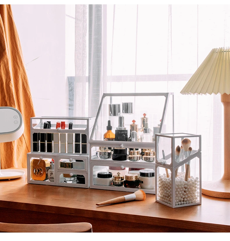 

Большая пыленепроницаемая стеклянная коробка для хранения косметики, настольный органайзер для ухода за кожей, помады, кистей, прямоугольный, в стиле Vani elf