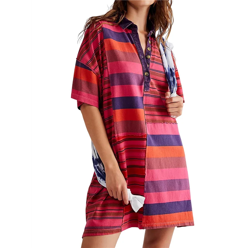 AOAO-Women Contrast Striped Babydoll Y2k Summer Patchwork T- Shirt Dress Vintage V Neck Short Sleeve Dress