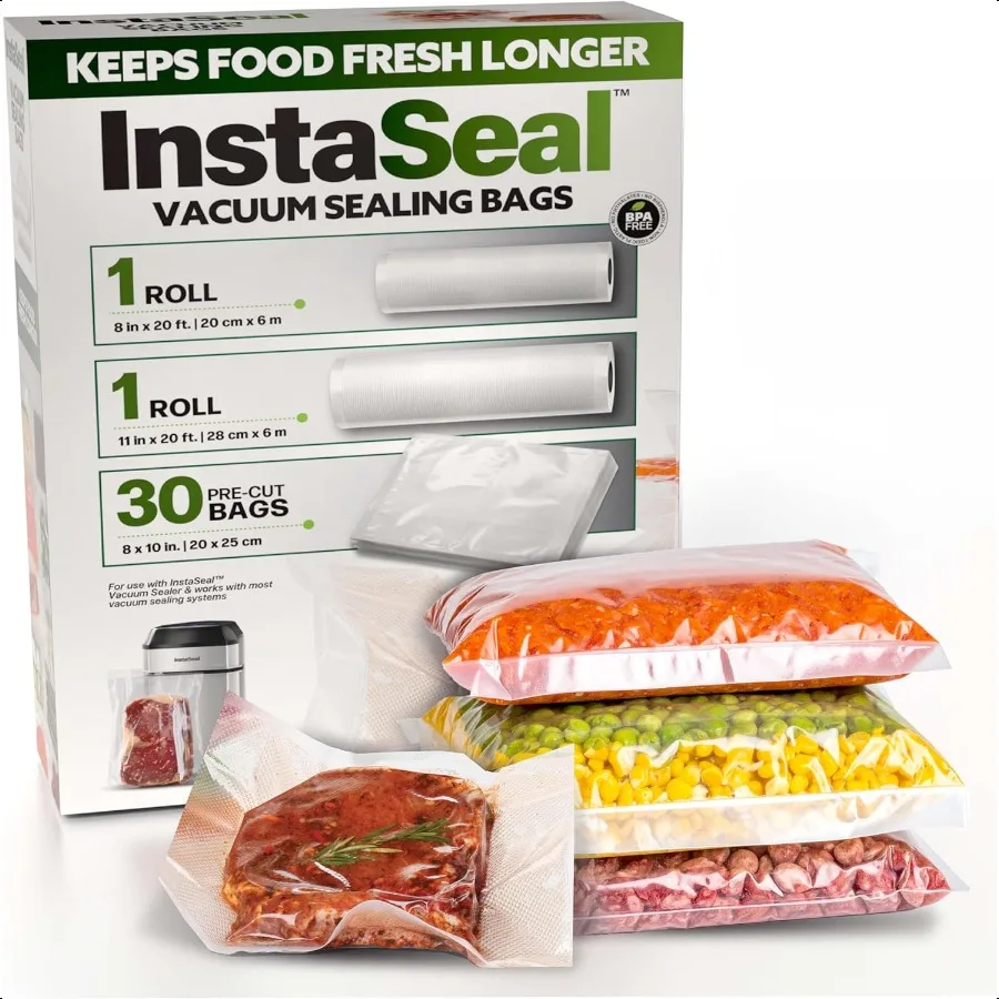 

InstaSeal Vacuum Sealer Bags for Food 1 Roll 8 x 20 Ft + 1 Roll 11 x 20 Ft + 30 Pre Cut Vacuum Seal Bags for Food Works with MO
