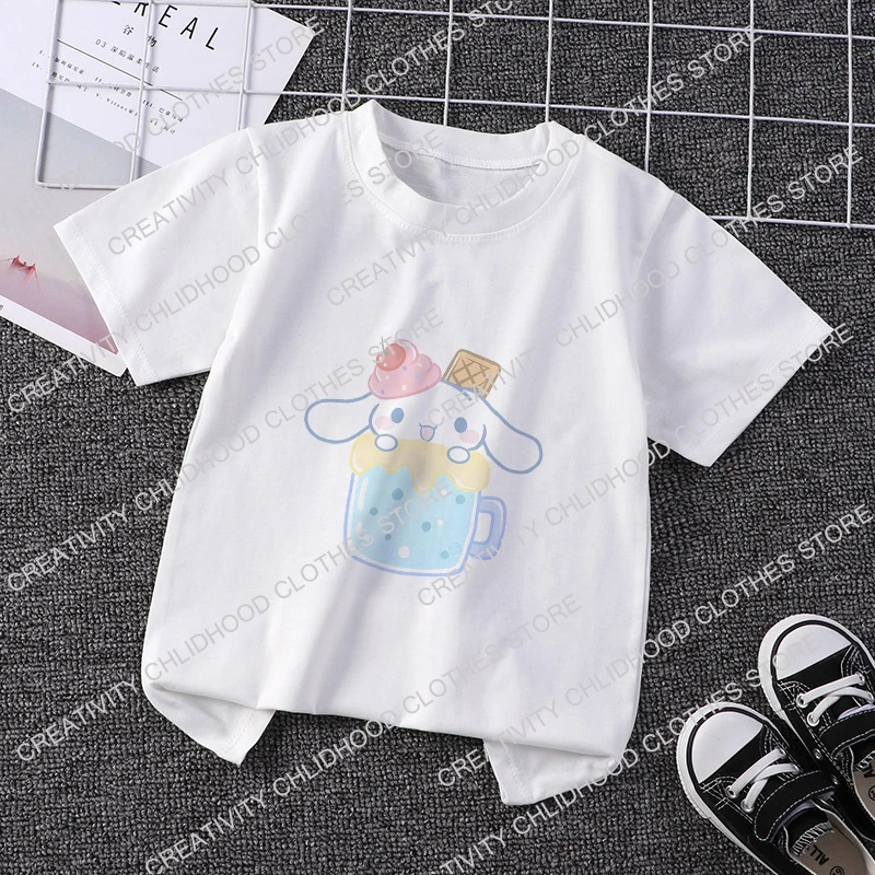 Camiseta Anime infantil, Tops Kawaii, camiseta de desenho animado, bolo Purin, Kuromis Hellicittys, Cinnamorolls, xícara, roupa casual para criança, menino e menina