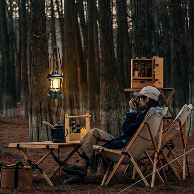 Retro Camping Lantern, Rechargeable LED Tent Light with Stepless Dimming, Vintage Outdoor Hanging Lamp for Camping, Hiking