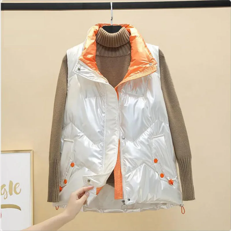 

Autumn Winter Down Cotton Vest Female Bright Warm Waistcoat 2024 New Thicke Short Cotton Clothing Tops Women's Outer Wear Jacket