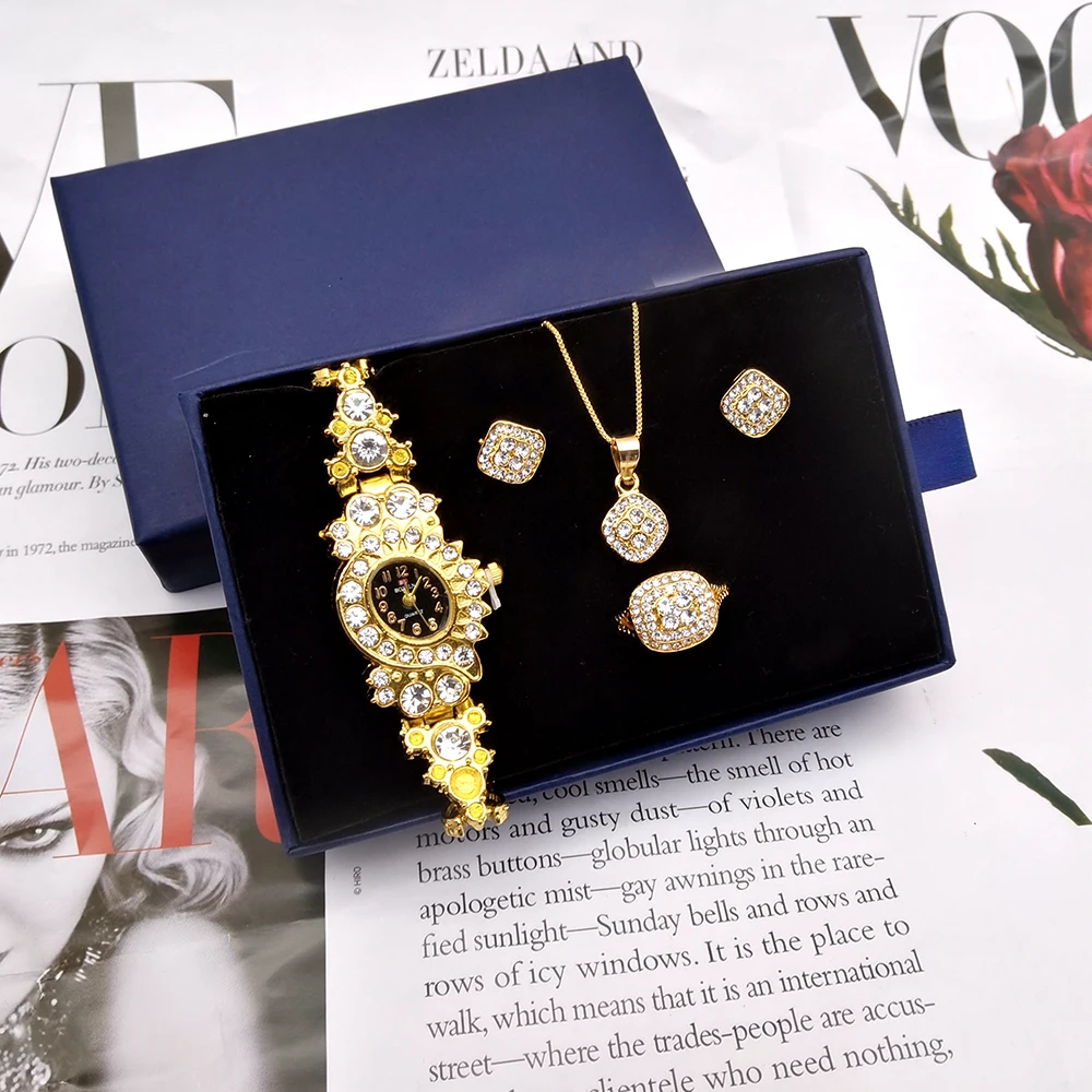 Women Watch Jewelry Set Gold Crystal Design Necklace Earrings ring Female Quartz Watch Women's Gifts For Valentine With Box