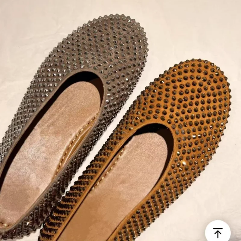 Nuevos zapatos planos elegantes y poco profundos para mujer, zapatos de Ballet antideslizantes con diamantes de imitación de lujo brillantes, zapatos informales cómodos poco profundos para mujer, zapatos de marca para mujer