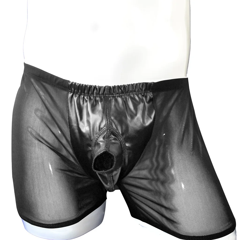 Ropa interior Boxy de retales de malla de imitación Leatter para hombres, bañadores eróticos con funda abierta, calzoncillos Boxer transparentes transpirables