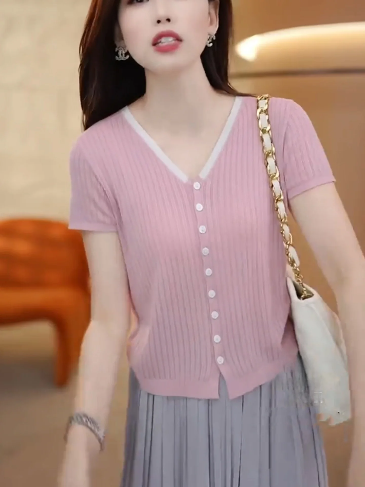 Cárdigan de Punto con Bloques de Color a la Moda, de Seda Helada, Manga Corta, con un Solo Botón, Estilo Casual, Cuello en V,...