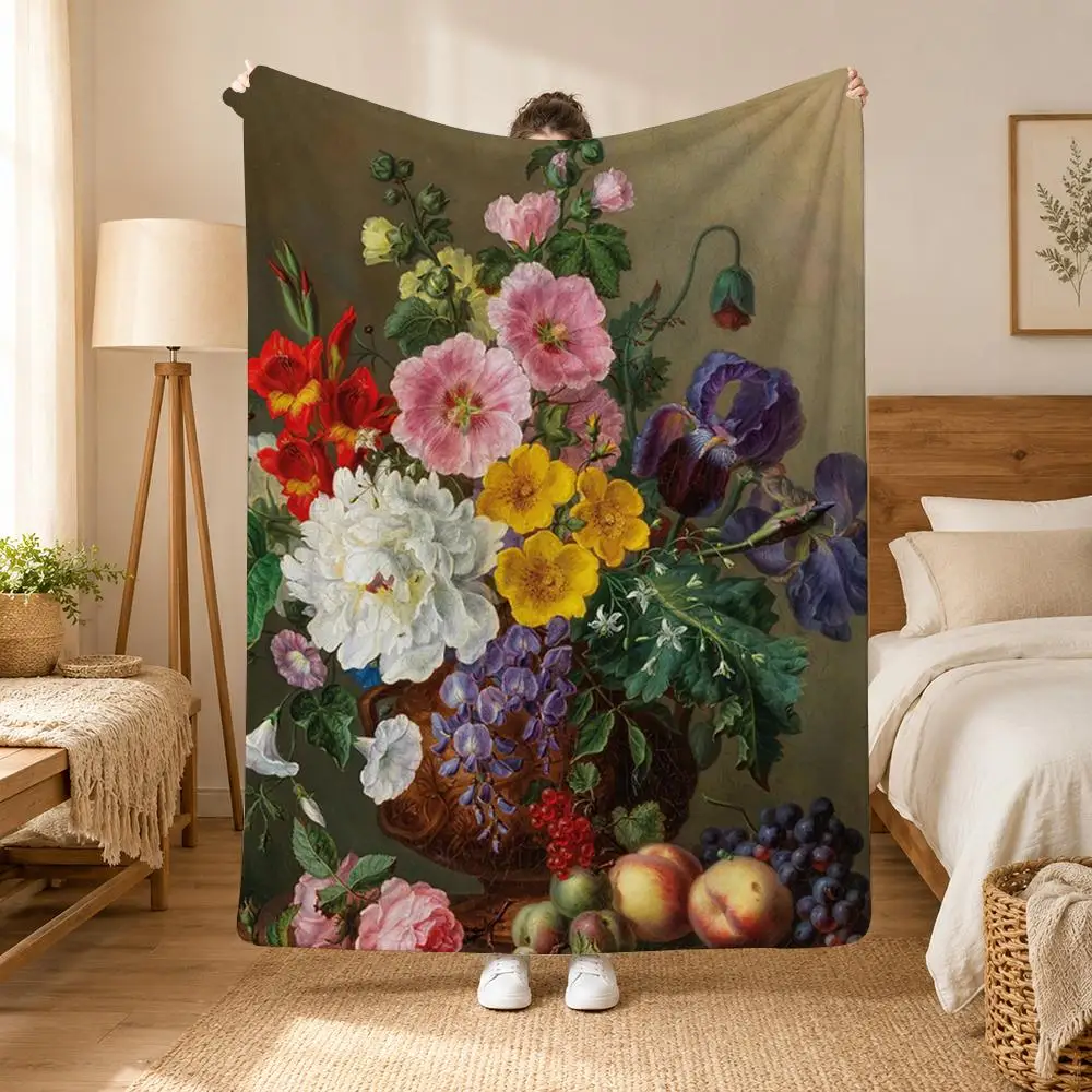 Floral Still Life Painting Throw Blanket Soft Flannel Throw Lightweight Summer Home Nap for Office Travel Sofa Bed
