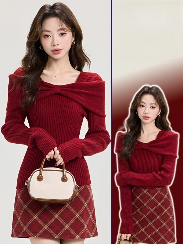 

plus Size Korean Sle Sweater ort Skirt Set Women's Spring One oulder Knitted Top High Waist f Body Skirt Two Piece Set