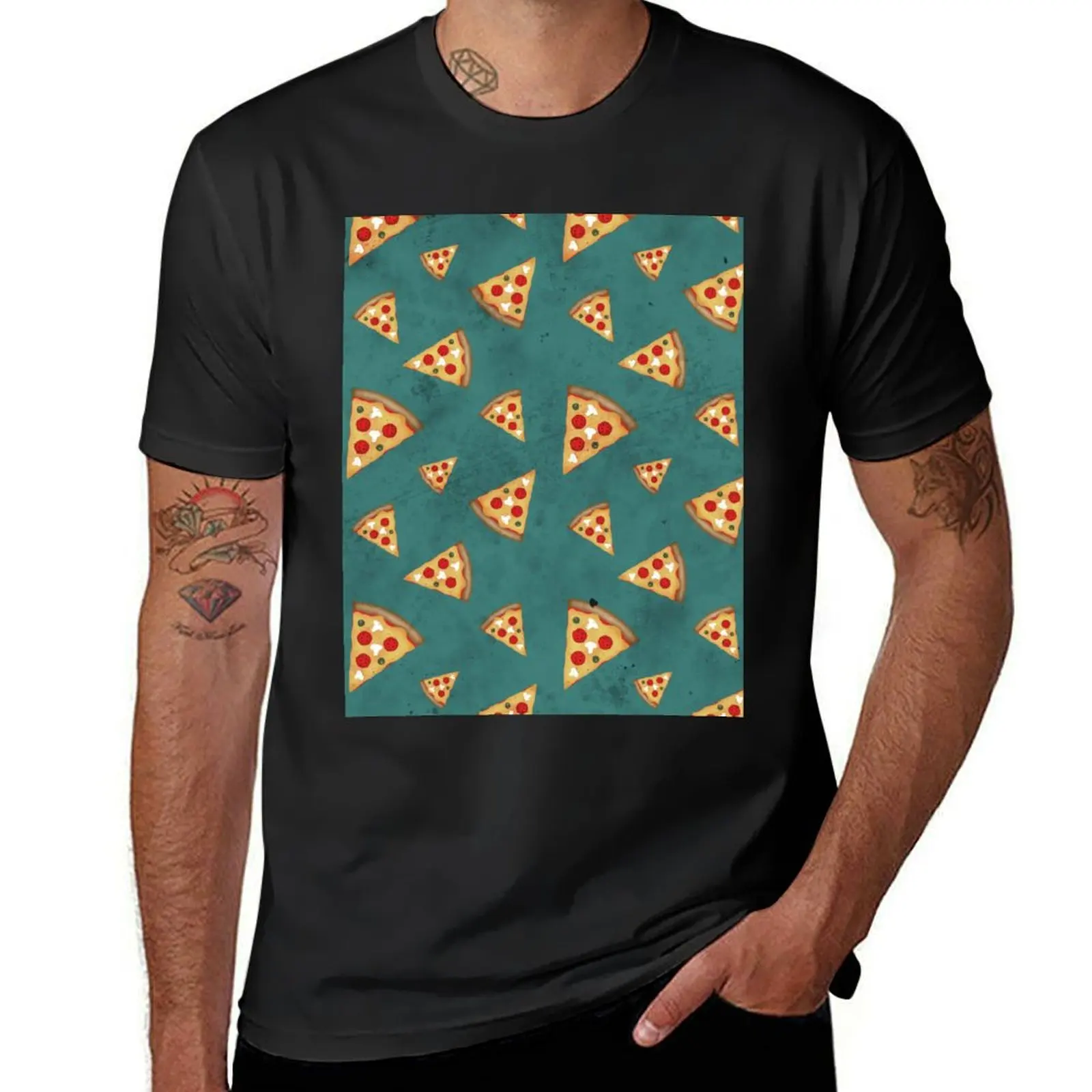 Cool pizza slices vintage teal green pattern foodie pizzeria fun T-Shirt summer clothes new edition mens big and tall t shirts