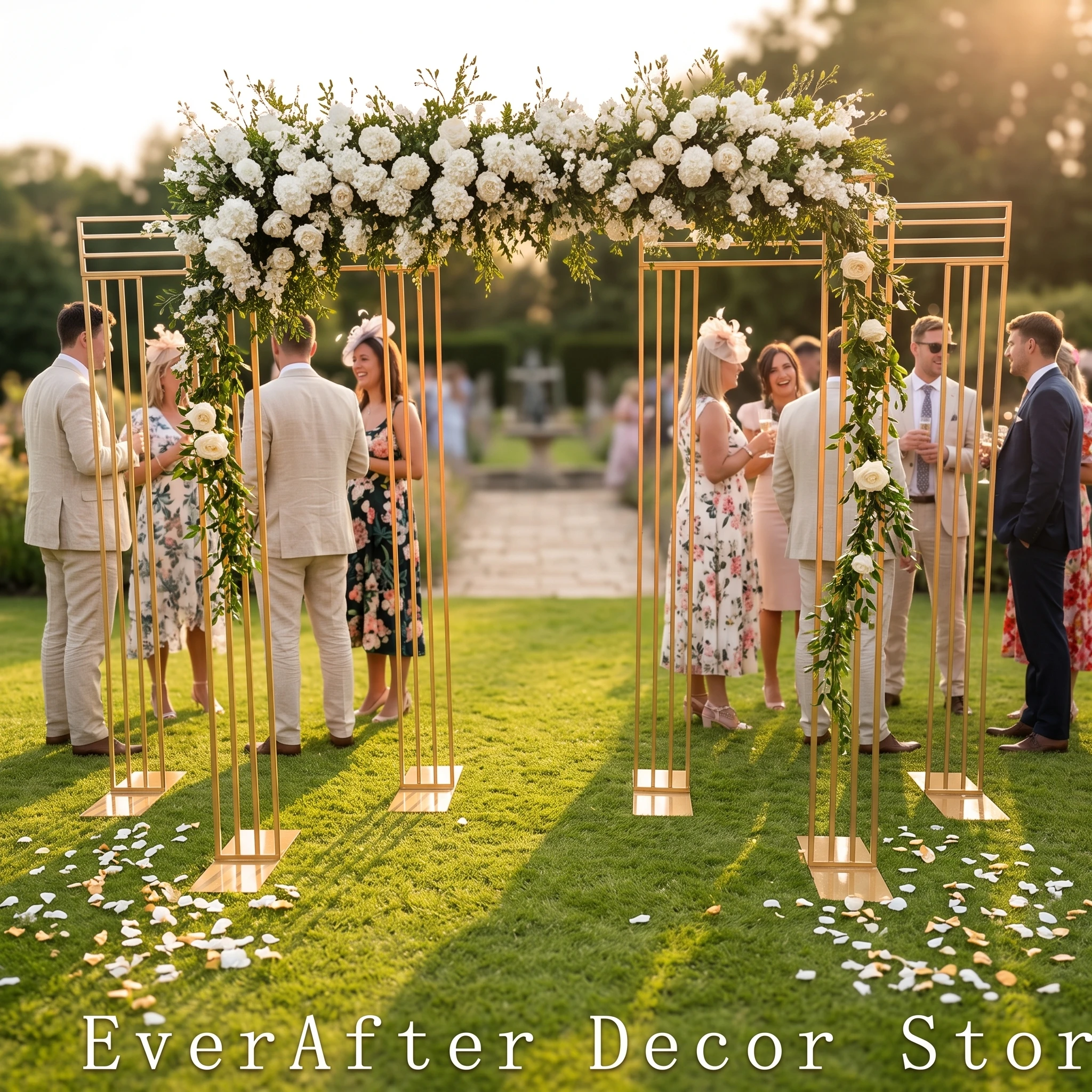 Modern Gold Metal Wedding Arch Set, Rectangular Vertical Slat Backdrop Screen, Luxury Square Column Stand for Ceremony Stage Dec