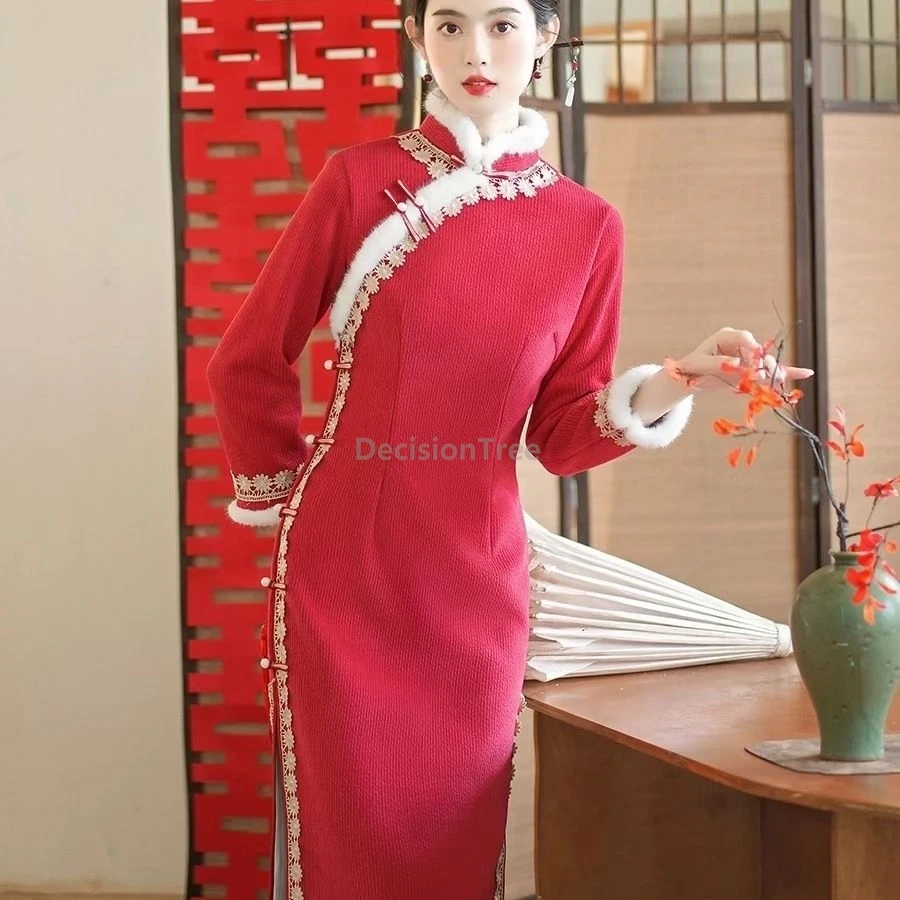 

2025 Высококачественный новый китайский стиль, улучшенный Cheongsam, элегантный винтажный темперамент, модное Ципао, зимнее утолщенное теплое Ципао