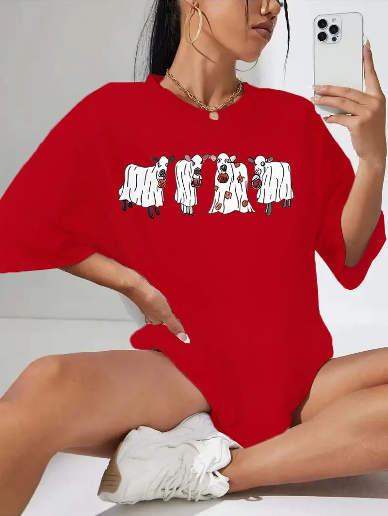 

Plus Size Playful Cow Ghost Graphic Tee For Whimsical Fashion Charm
