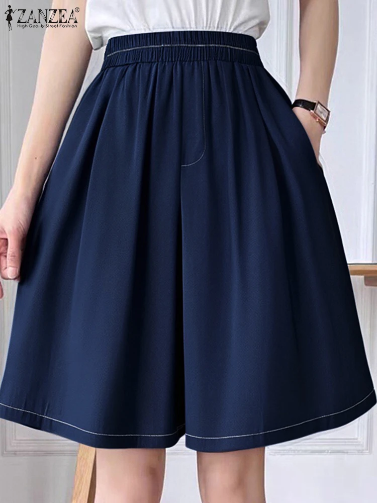 

ZANZEA Women Summer Shorts 2025 Fashion High Waist Short Pants Elastic Waist Pantalons Pockets Loose Casual Solid Wide Leg Pants