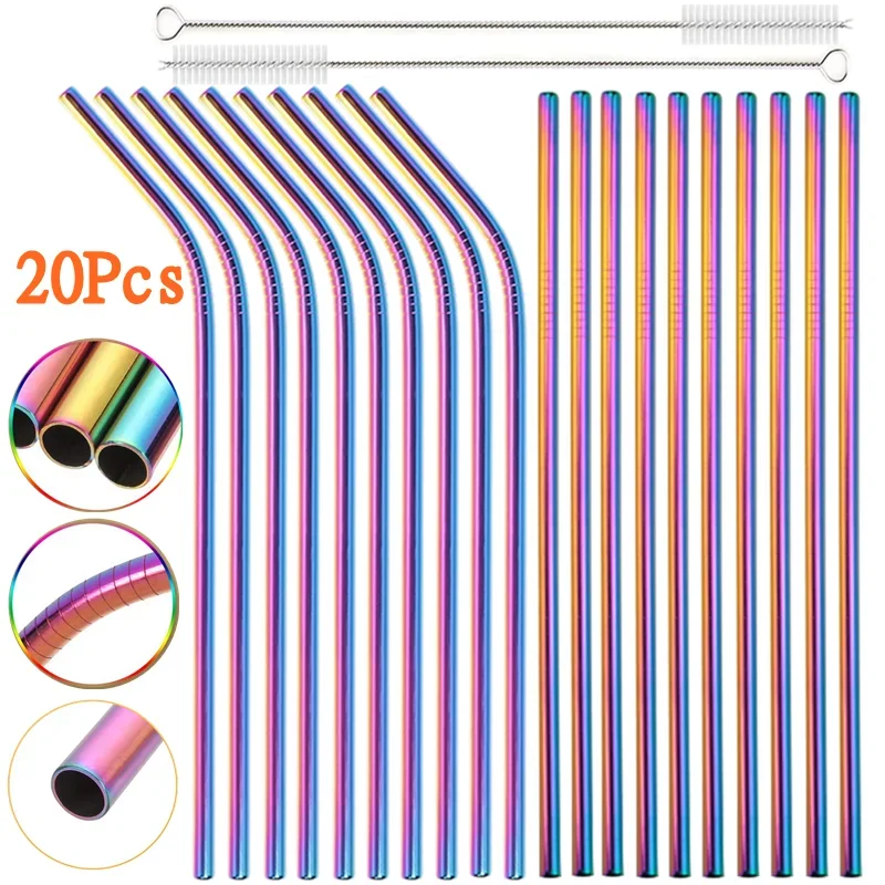 20 Pcs Multicolor Reusable 304 Stainless Steel Straw Metal Straws Set Eco-friendly Cocktail Drinking Straw Bar Party Accessory