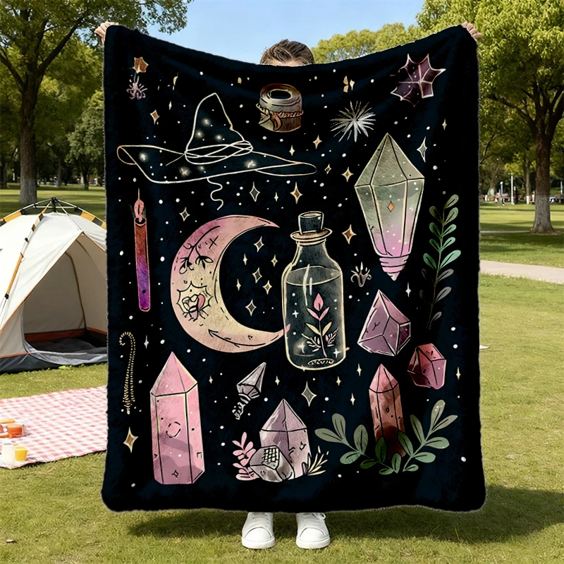 Celestial Mystic Graphic Flannel Blanket, Witchy Flannel Throw, Crystal Moon Potion Bottle, Vintage Washed Cozy Blanket