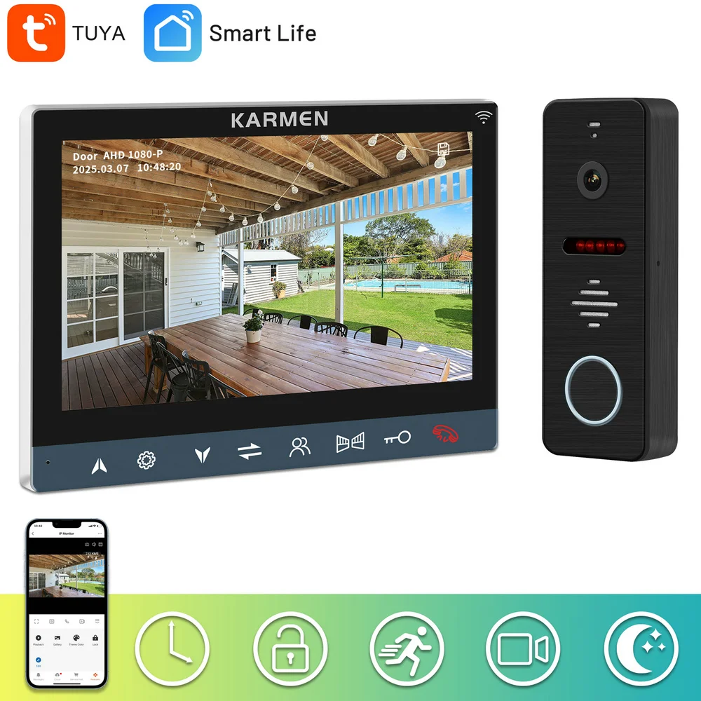 

Karmen 1080P WiFi Video Intercom Smart IP Door Phone Wireless 7 Inch Screen with IR Doorbell Camera APP Talk Record Unlock