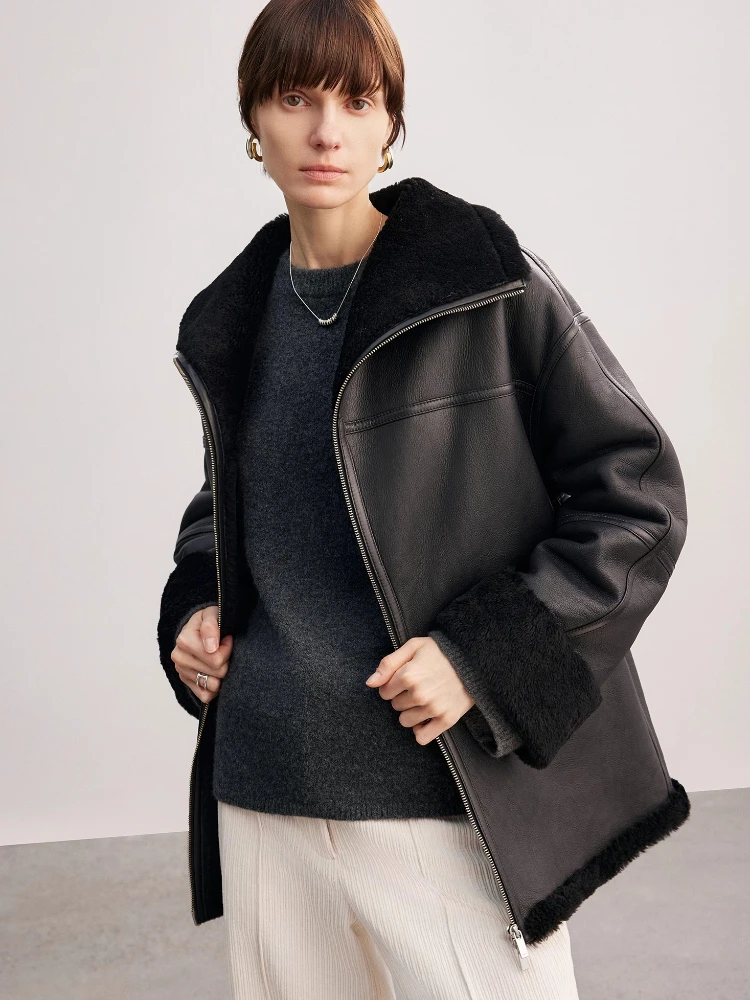 High-end Luxury Merino Sheep Fur Winter Motorcycle Jacket for Women 2025 Simple Classic Black Genuine Leather Real Lamb Fur Coat