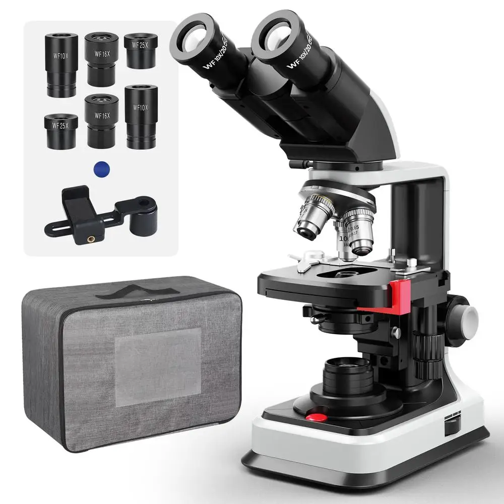 Lab Compound Binocular Microscope 40X-2500X Magnification Two-Layer Mechanical Stage 20mm Ultra Wide-Field Double Power Supply