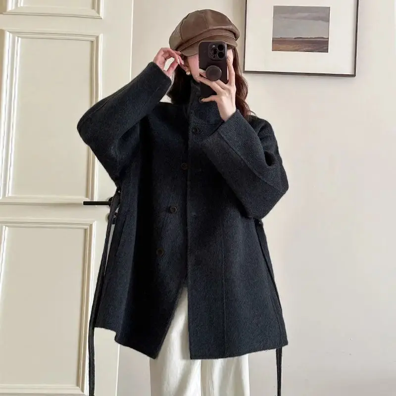 

High Neck Double-Sided Wool Coat Women'S Autumn And Winter New Korean Style Belt Loose Commuting Wool Casual Coat