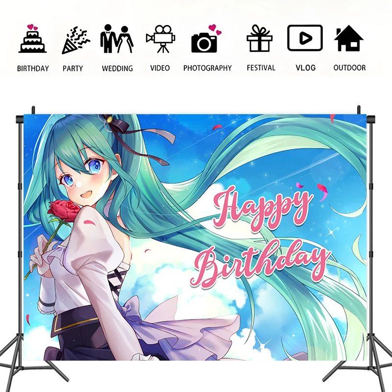 Hatsune Miku Foto Achtergrond Kids Verjaardagsfeest Decoratie Cartoon Anime Banner Vinyl Polyester Stof Achtergrond