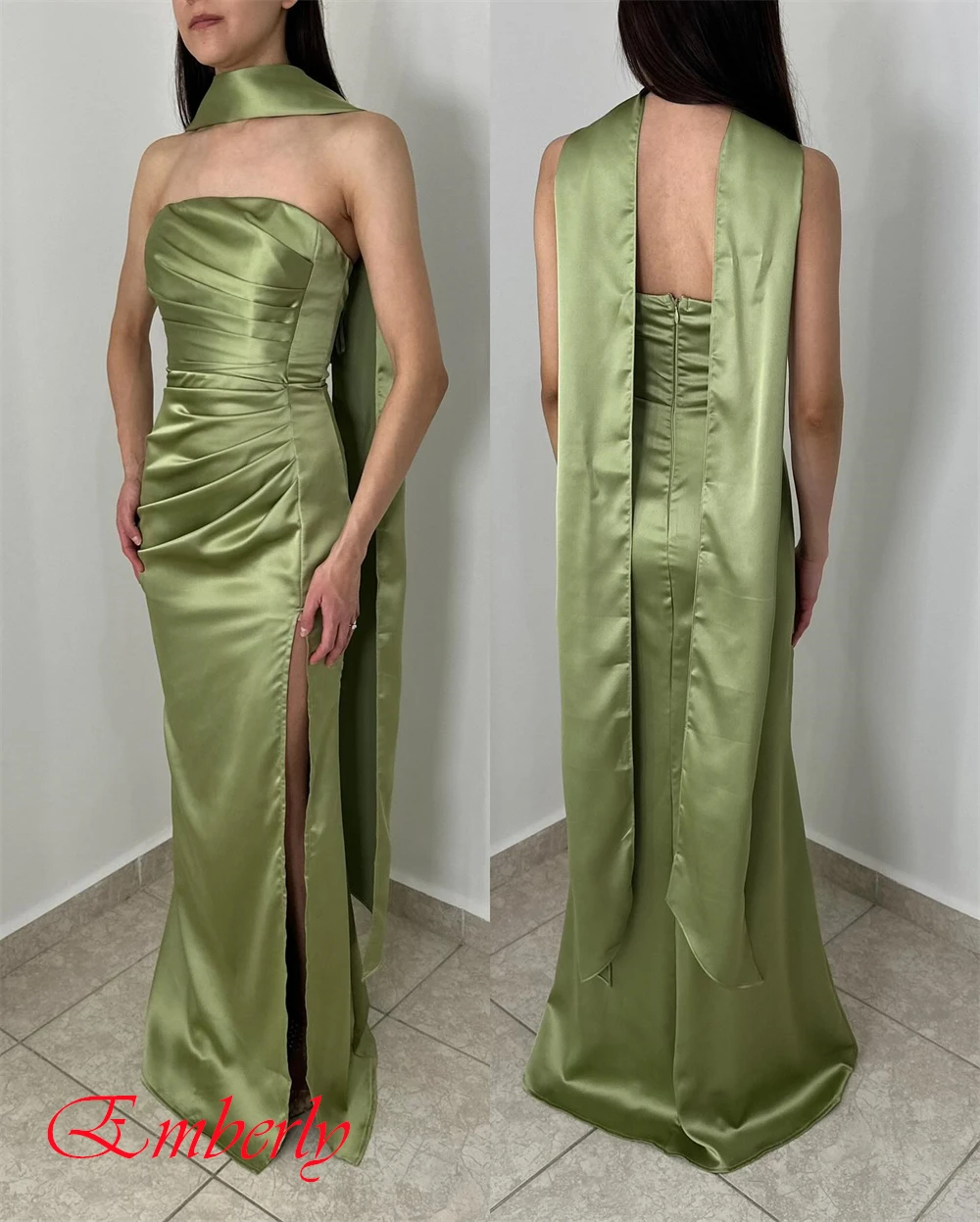 Maßgeschneidertes formelles trägerloses Abendkleid aus Satin, klassisches ärmelloses Promi-Kleid, hochwertige Seitenschlitz-Kleider für besondere Anlässe