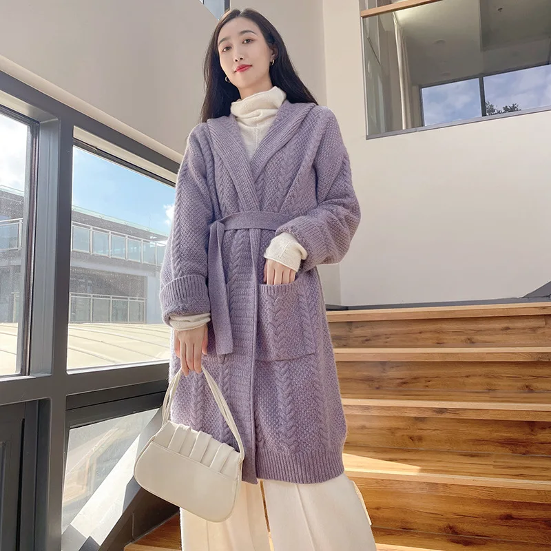 

Hooded Sweater Jacket 100% Cashmere Autumn Winter New Loose Casual Lace-Up Waist Fashion Casual Thick Warm Trench Coats Female