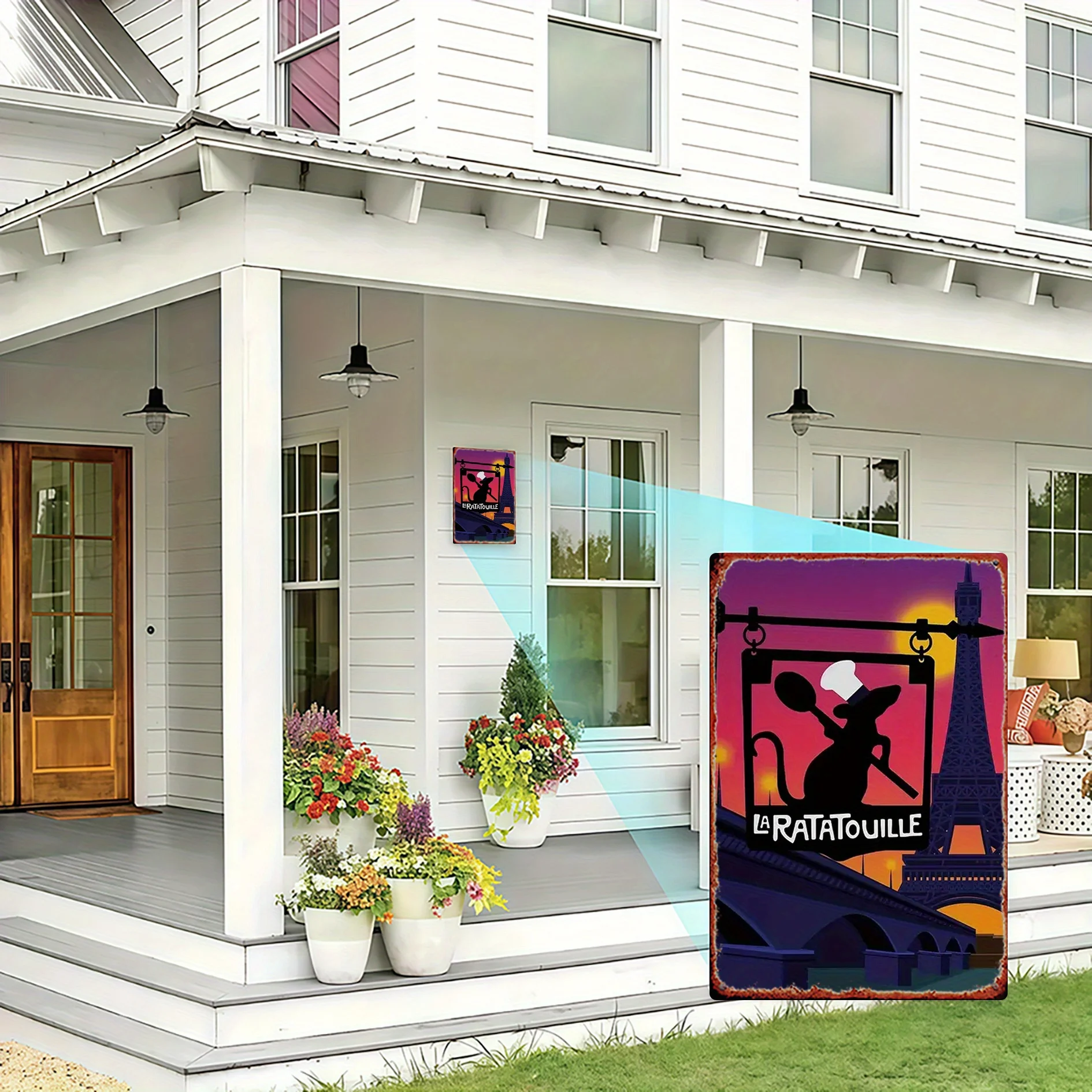 قطعة واحدة من لوحات الحائط الحديدية من ديزني "راتاتالويل" باريس - لافتة معدنية ثلاثية الأبعاد لبرج الشيف ريمي وإيفل، 20.32 × 30.48 سم ديكور منزلي ريفي مع مسبقًا