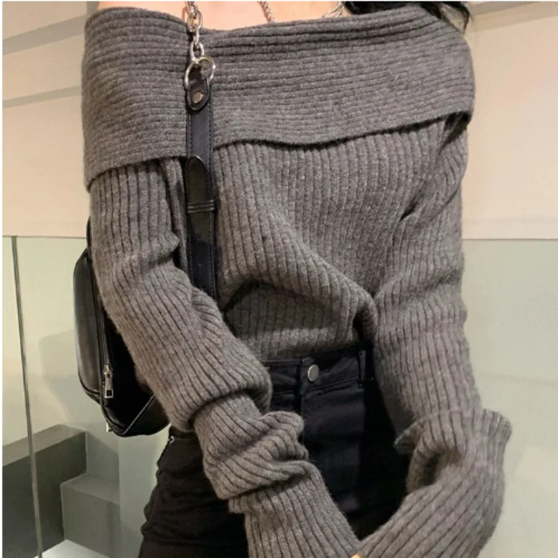 

Off Shoulder Sweater Women Autumn Winter Fashion Solid Long Sleeve Knitted Pullovers Casual Elegant Chic Jumper