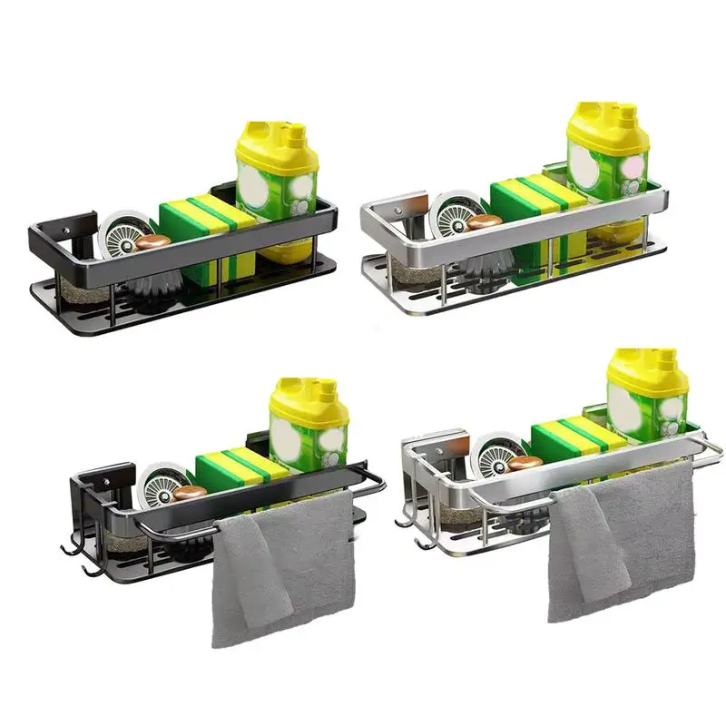 Estante de almacenamiento de cocina, herramienta de fregadero de aluminio, organizador de trapo de esponja, estante de drenaje autoadhesivo montado