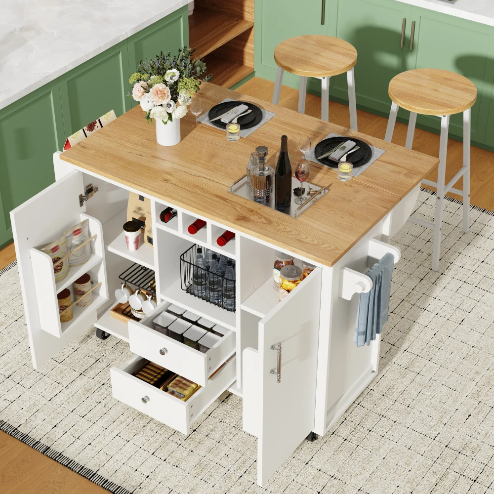 Chariot de service multifonctionnel pour cuisine avec 2 tabourets de bar assortis, chariot roulant équipé d'un plan de travail pliable, d'un porte-serviettes, d'un porte-épices, d'un porte-bouteilles et d'étagères de rangement réglables en hauteur, îlots de cuisine pour salle à manger et comptoir de cuisine