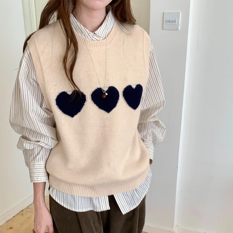 

Шерстяной свитер, женский жилет из 100 чистой шерсти с сердечками, свободный вязаный свитер без рукавов, осенне-зимний пуловер, кашемировая основа