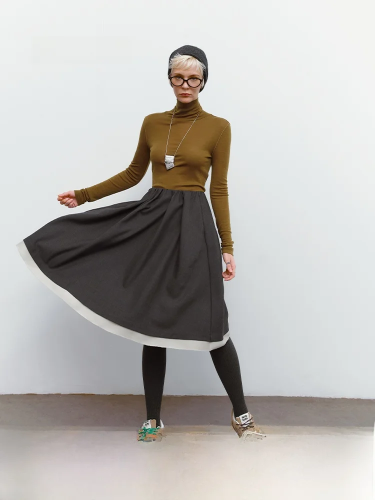 

Юбка-миди из шерстяной смеси с 3D-структурой, цветная, в стиле колор-блок, фасон «солнце», повседневная, прямого кроя, А-силуэт