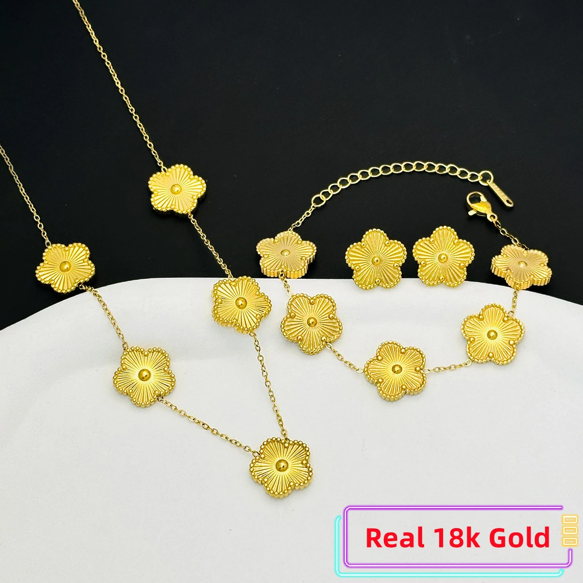 Real 18K Gold 3 pieces of plum blossom plant five leaf Double face necklace, bracelet, earrings, women's jewelry set never fade