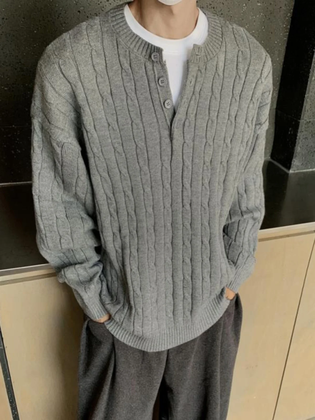 

Мужской свитер в стиле ретро с воротником-стойкой, свободного кроя, осенне-зимний, в стиле лоу-эйр, с эффектом высокого класса, длинный рукав, круглый вырез горловины