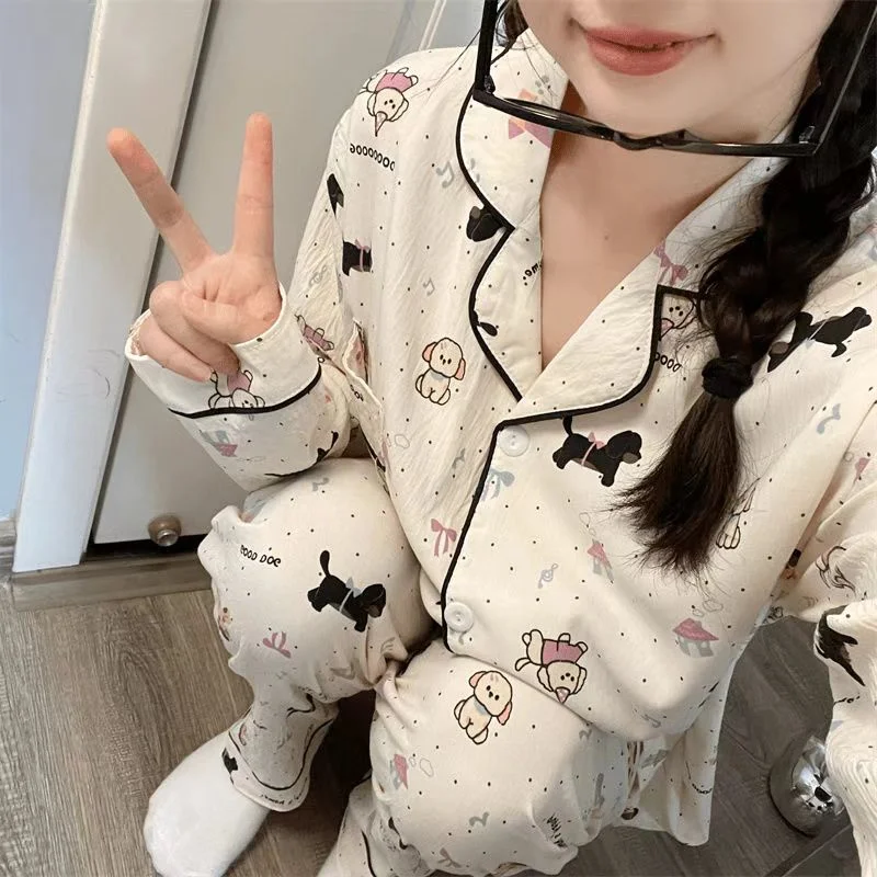 Kawaii Dot Dog Print Cartoon Cute Women\'s Pajamas Set Lapel Neck Button Design Sweet Casual Sleepwear Autumn New Pajamas Set