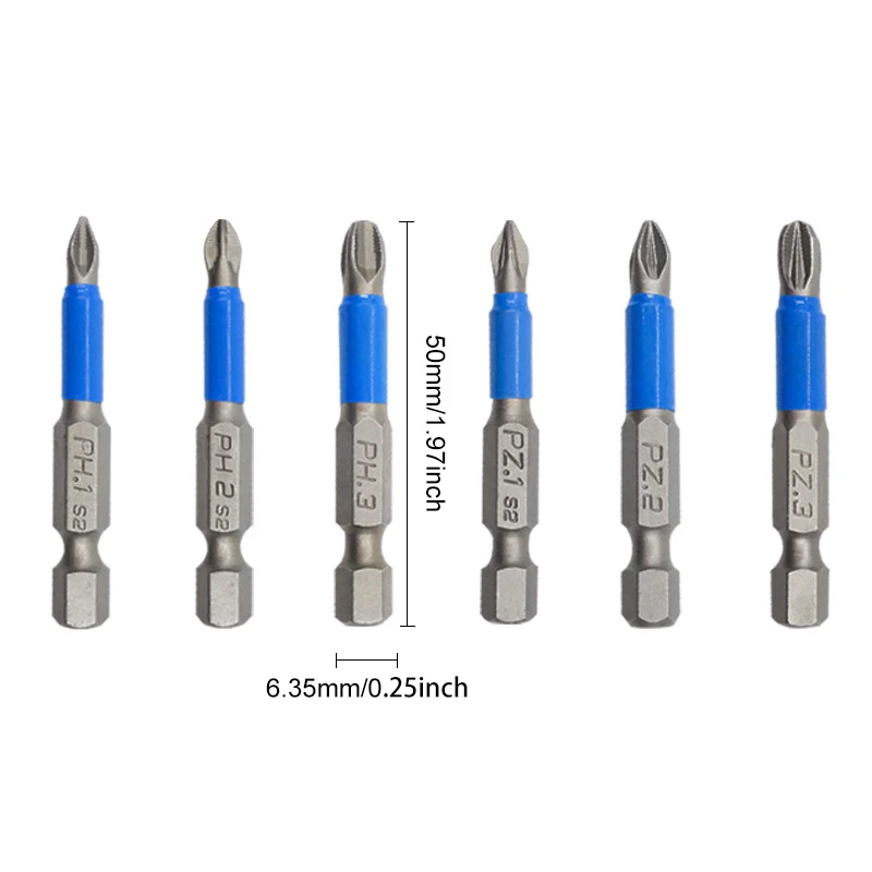 6-piece magnetic anti slip screwdriver head set, S2 steel electric screwdriver nozzle cross cape (PH1 PZ1 PH2 PZ2 PH3 PZ3) view 2