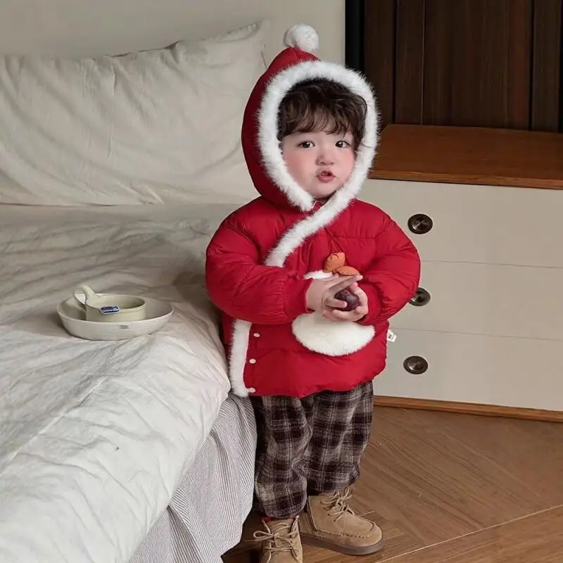 

Осенне-зимнее рождественское хлопковое стеганое пальто для мальчиков и девочек, утепленная теплая стеганая куртка с капюшоном, легкая повседневная детская одежда Kawaii