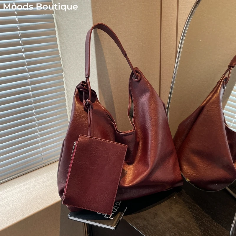 Burgundy 2-IN-1 Shoulder Tote Bags For Women Soft PU Leather Solid Color Large Capacity Shopping Hobo Bag With Coin Purse 2024