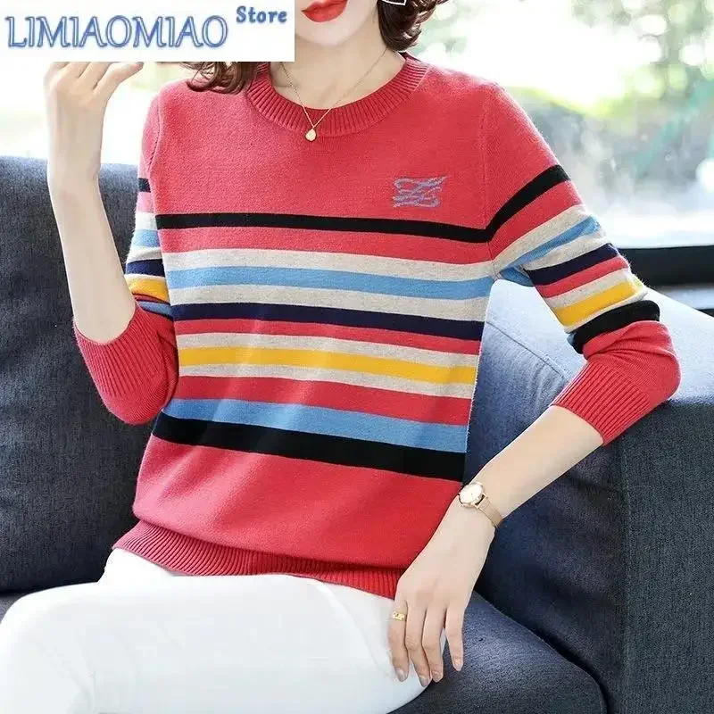 Autumn Winter New Stripe Knitting Sweater Round Neck Fashion Jacket Loose Show Thin Hit End Shirt Sweater Women Tide
