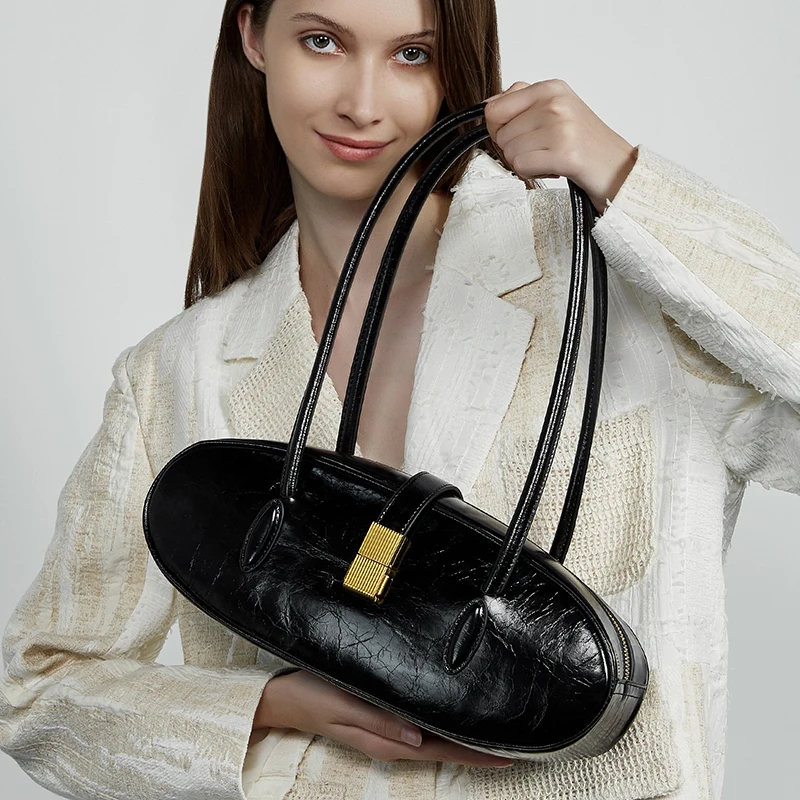 

Burminsa Cowhide Genuine Leather Underarm Shoulder Bags For Women 2025 Luxury Designer Bowling Tote Oval Office Ladies Handbags