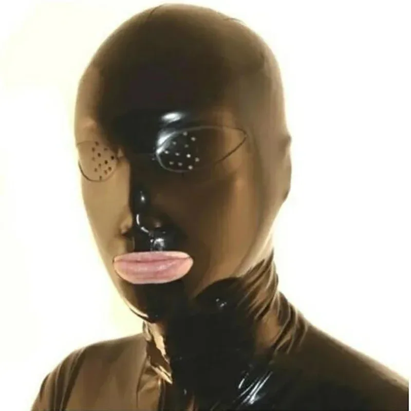 Masker Karet Hitam Tudung Pria Dewasa dengan Mata Trim Putih Buatan Tangan Cosplay Headset Lateks Menyenangkan Ritsleting Belakang Hjk.5