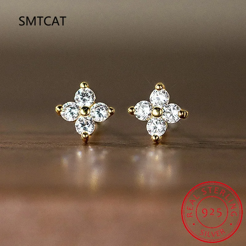 

Real S925 Sterling Silver 18k Gold Zircon Clover Stud Earrings Oorbellen For Women Classic Fine Jewelry Plant Accessories