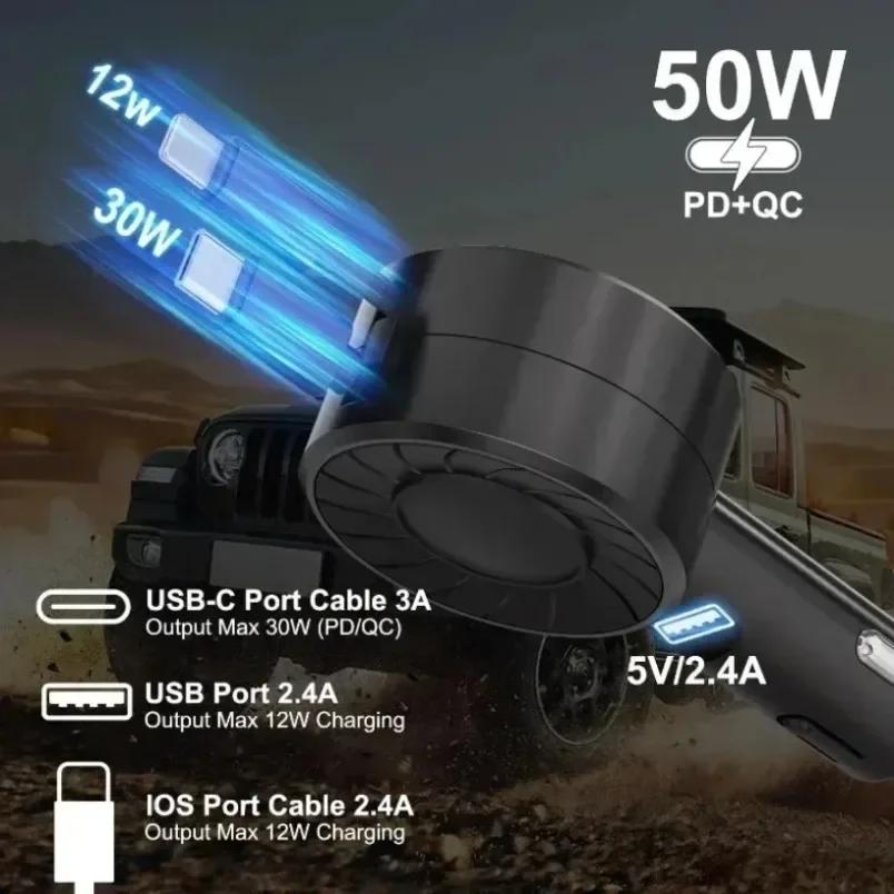 Multiport Car Charger 50W PD QC3.0 Fast Charging Retractable 3 in 1 USB C Cord for iPhone Samsung Galaxy Truck SUV RV