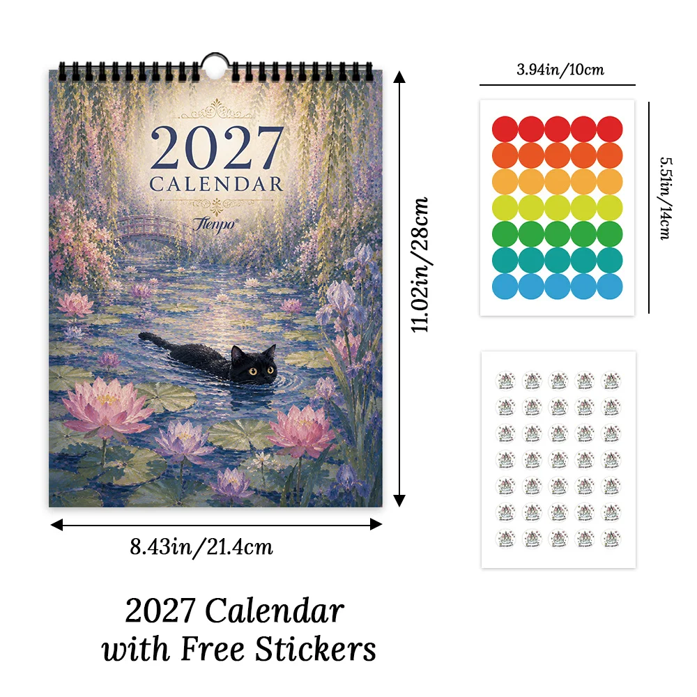 1pc 2027 Vintage Healing Black Cat Art Wall Calendar,12-Month Monthly Planner,Perfect Gift For Back-to-School,Christmas,New Year