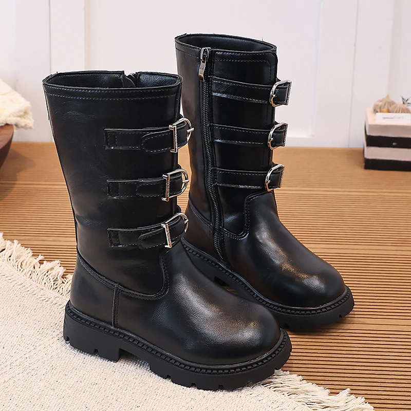 Girls Knee High Fashion Boots, Triple Buckle Side Zipper Non Slip Thick Sole Tall Boots for Daily Outdoor Wear