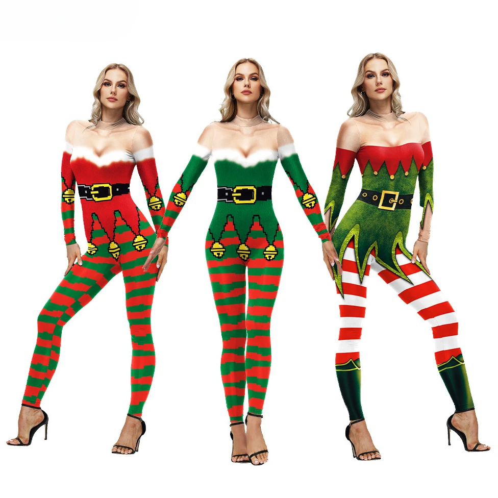 Christmas Elf Cosplay Bodysuit 3D Printed Jumpsuit Xmas Zentai Jumpsuit Halloween Carnival Cosplay Costume Romper for Women