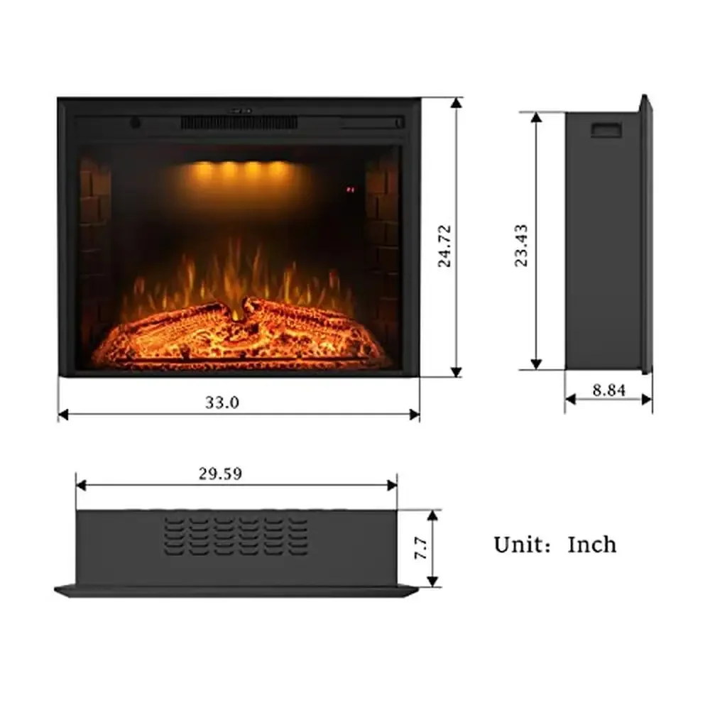 33'' Electric Fireplace Inserts Recessed Built in Wall Heater Fire Crackling Sound Adjustable Top Light Wireless Remote Control