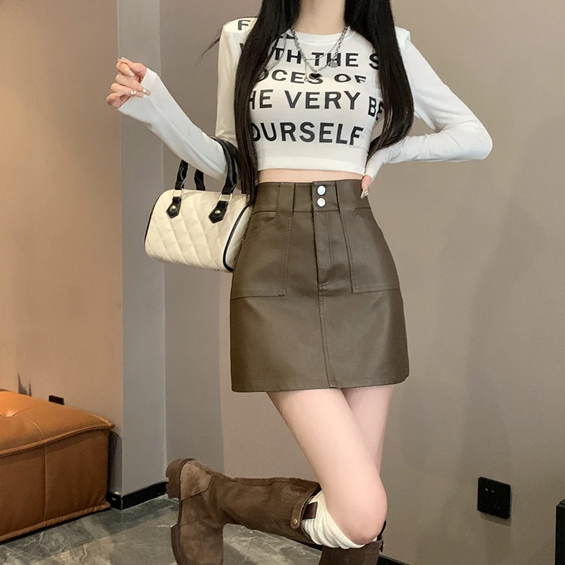 

Осень-зима, винтажные мини-юбки из искусственной кожи для женщин, корейская мода, черная короткая юбка с высокой талией, уличная юбка Y2k